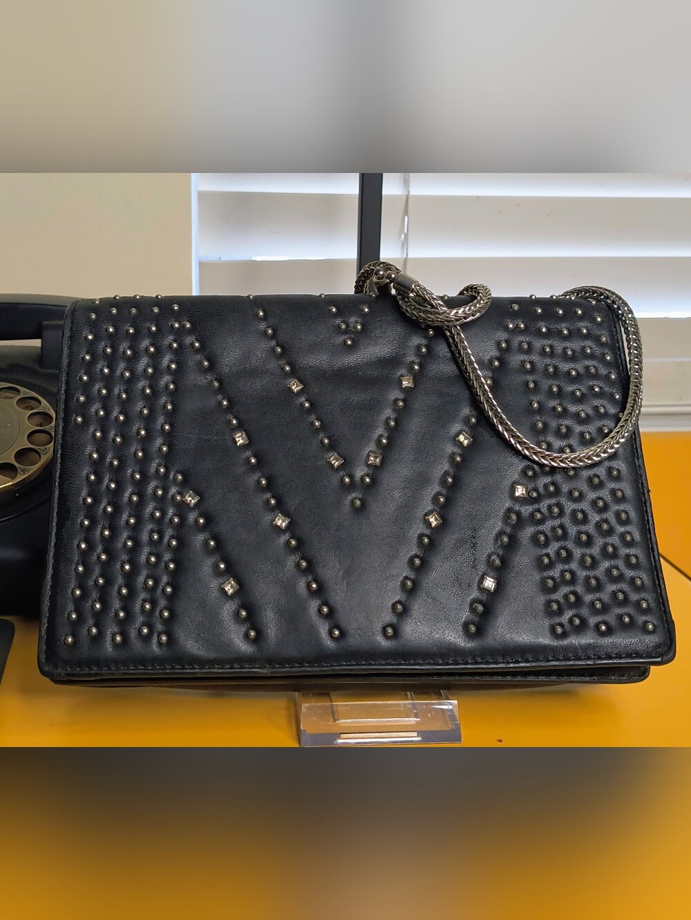 MCM Black Flap Leather Crossbody Shoulder Bag W Swarovski Crystals Silver Chain